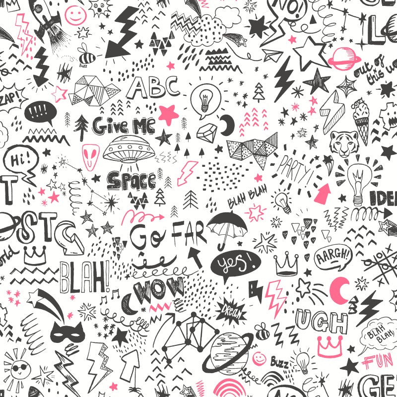 Kids Doodle Wallpaper - White/Neon Pink