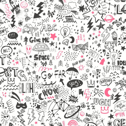 Kids Doodle Wallpaper - White/Neon Pink