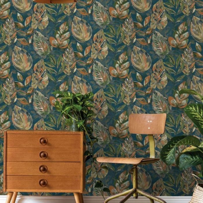 Aralia Leaf Printed Metallic Wallpaper