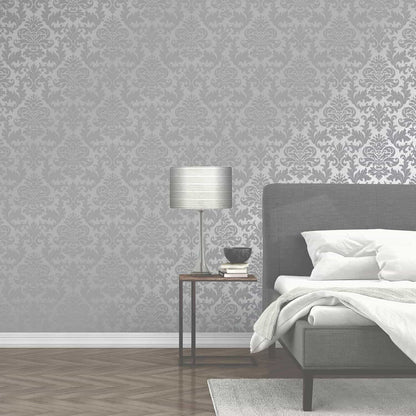 Platina Damask Metallic Wallpaper Charcoal/Silver