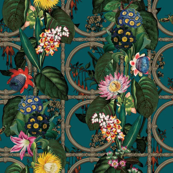 Alata Bold Floral Metallic Wallpaper Teal Sample