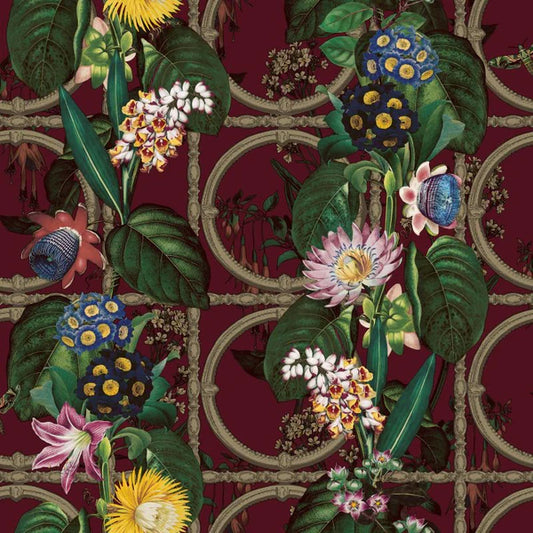 Alata Bold Floral Metallic Wallpaper Burgundy Sample