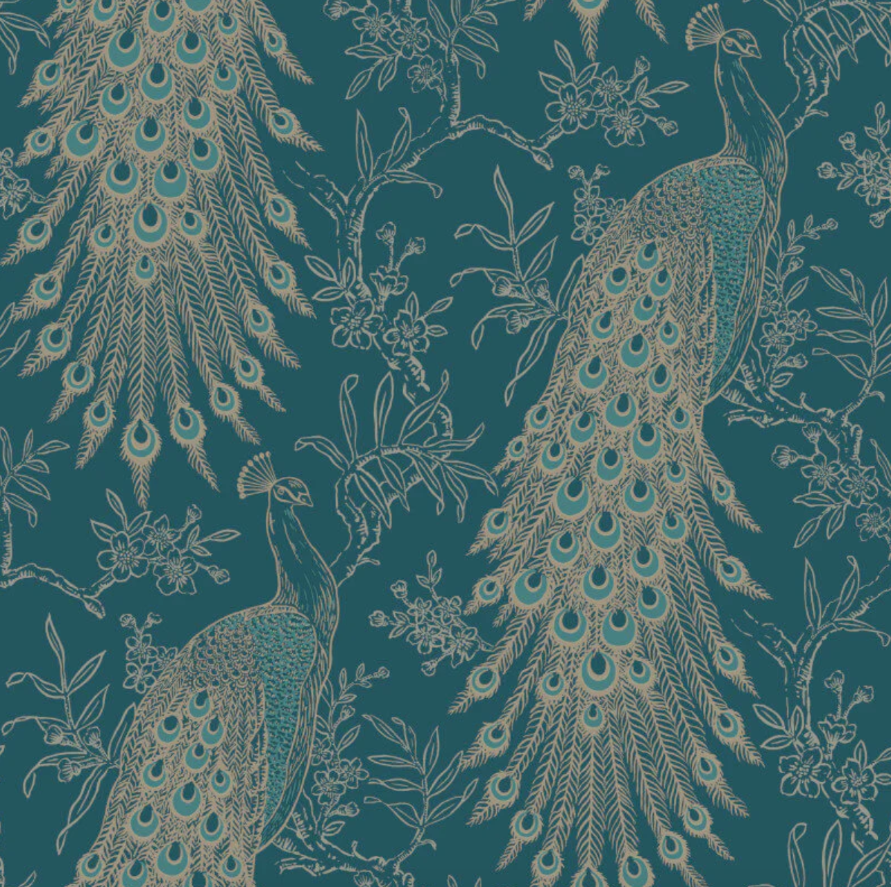 Metallic Peacock Wallpaper Teal & Gold Sample