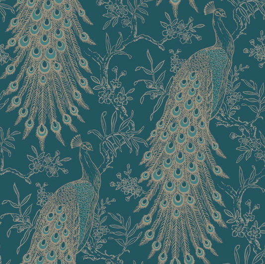 Metallic Peacock Wallpaper Teal & Gold Sample