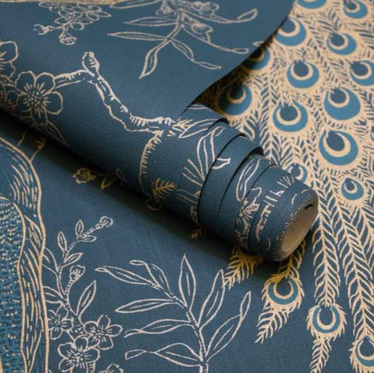 Metallic Peacock Wallpaper Navy Sample