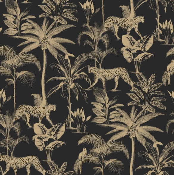 Savannah Leopard Palm Tree Wallpaper Black & Gold sample