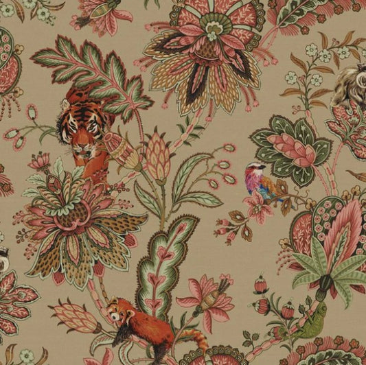 Zari Jacobean Animal Coral Wallpaper Sample