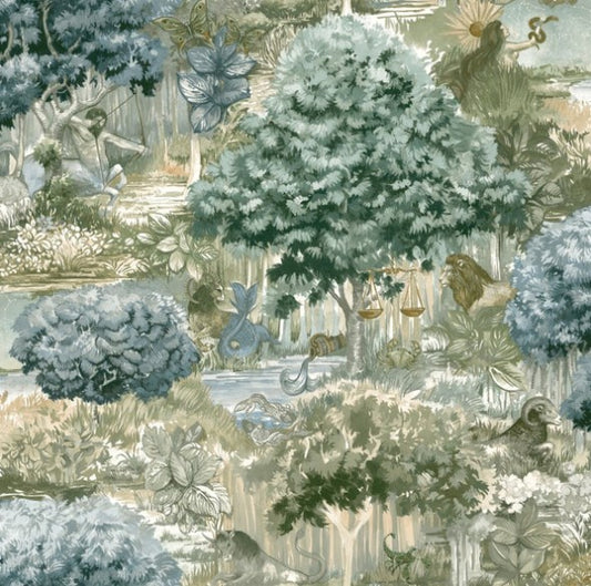 Zodiac Forest Blue/ Green Wallpaper Sample