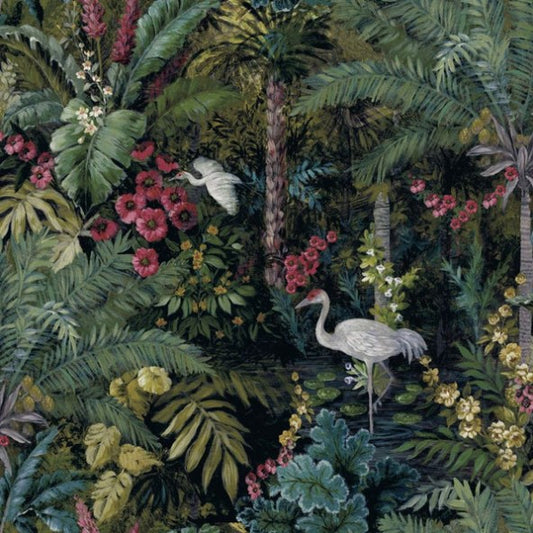 Masoala Tropical Palm Tree and Crane Wallpaper Black Sample