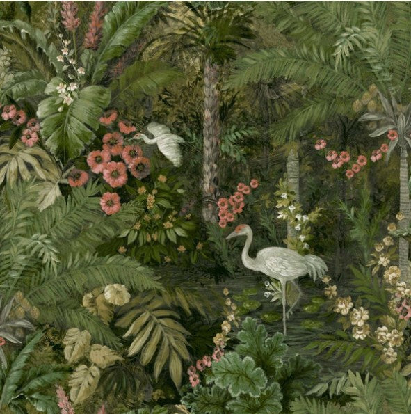 Masoala Tropical Palm Tree and Crane Wallpaper Green Sample