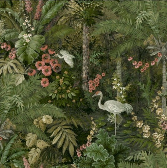 Masoala Tropical Palm Tree and Crane Wallpaper Green Sample