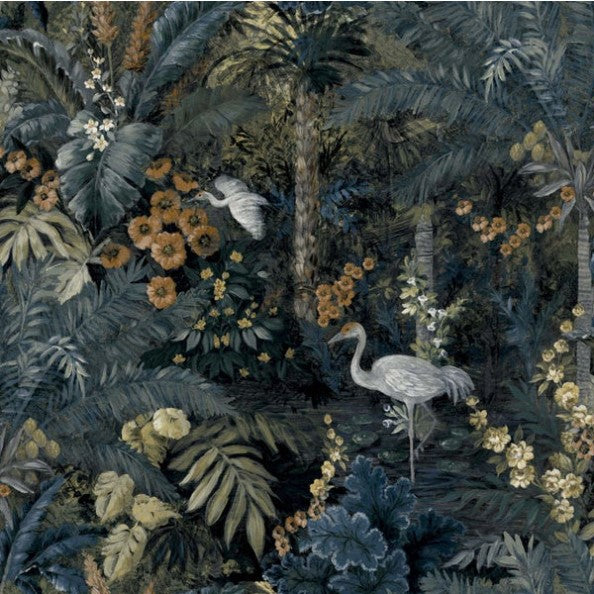 Masoala Tropical Palm Tree and Crane Wallpaper Navy Sample