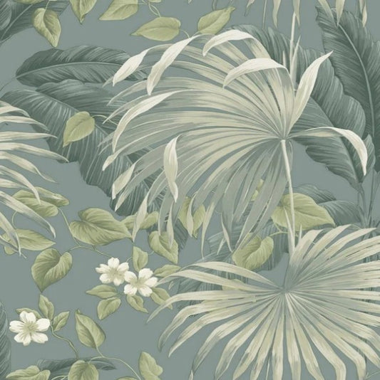 Retreat Large Leaf Floral Wallpaper - Teal/Cream Sample