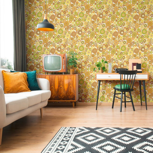 Retro Chic Flower Power Wallpaper Yellow