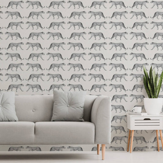 Prowling Leopard Print Wallpaper Silver