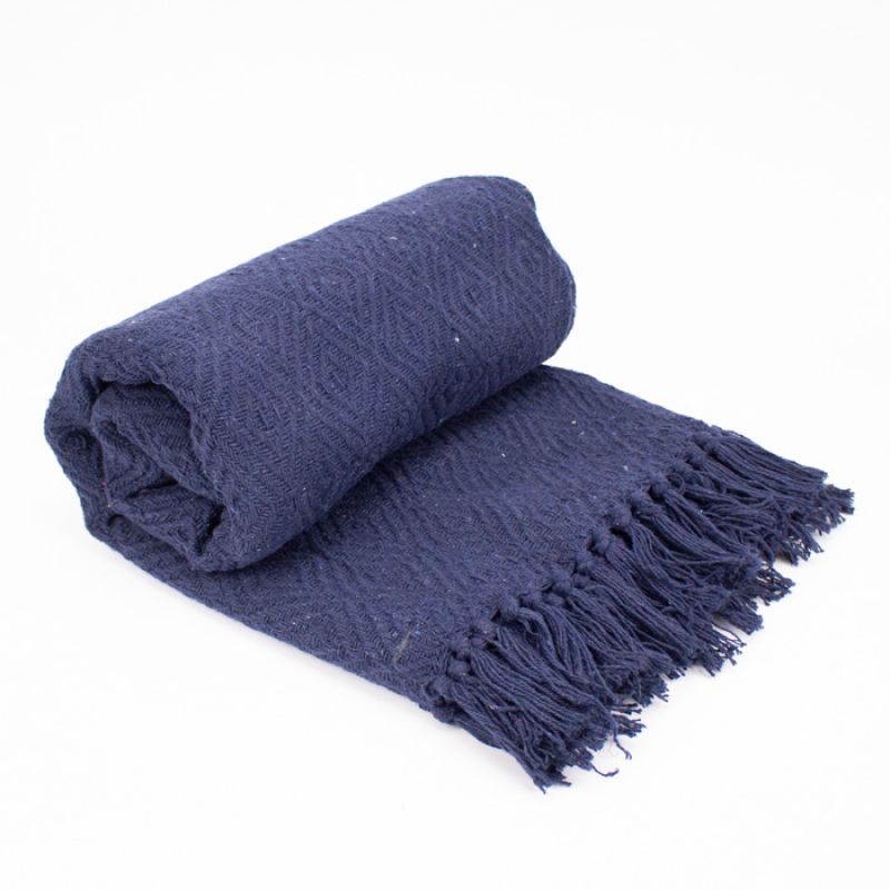 Malini Chopord Tassel Fringed Diamond Woven Throw Navy