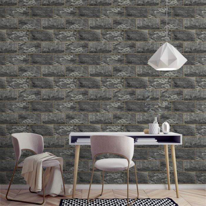 Marble Tile Effect Charcoal/Gold Wallpaper | Decorating Centre Online