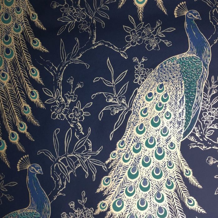 Metallic Peacock Wallpaper Navy & Gold