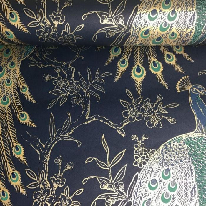 Metallic Peacock Wallpaper Navy & Gold