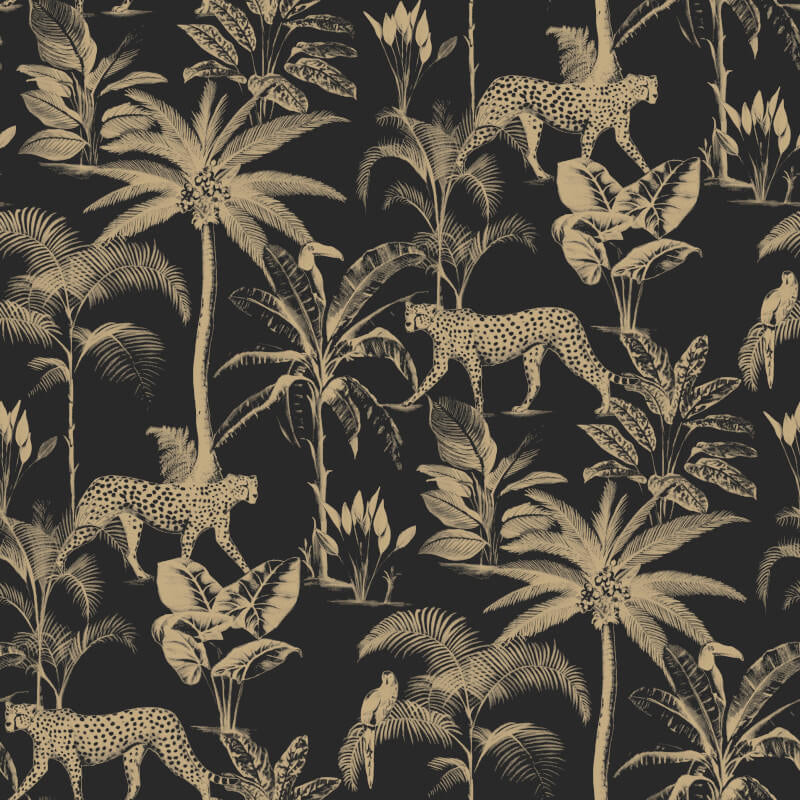 Savannah Leopard Palm Tree Gold and Black Wallpaper