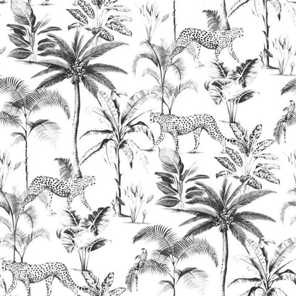 Savannah Leopard Palm Tree Black and White Wallpaper