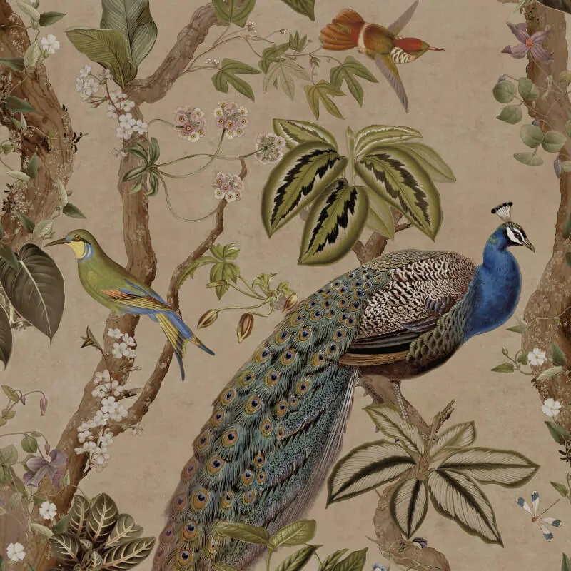 Whispering Peacock Woods Wallpaper - Taupe