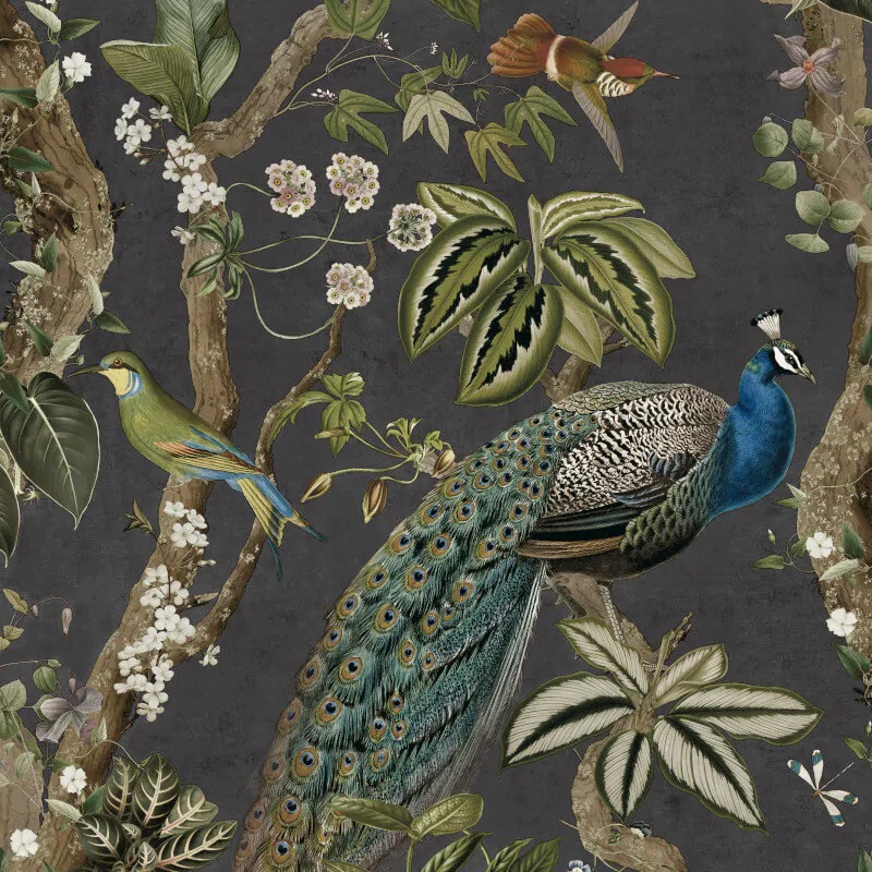 Whispering Peacock Woods Wallpaper - Charcoal