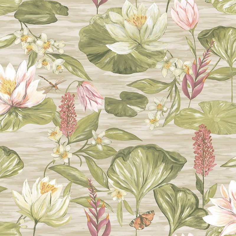 Water Lily Floral Wallpaper - Beige