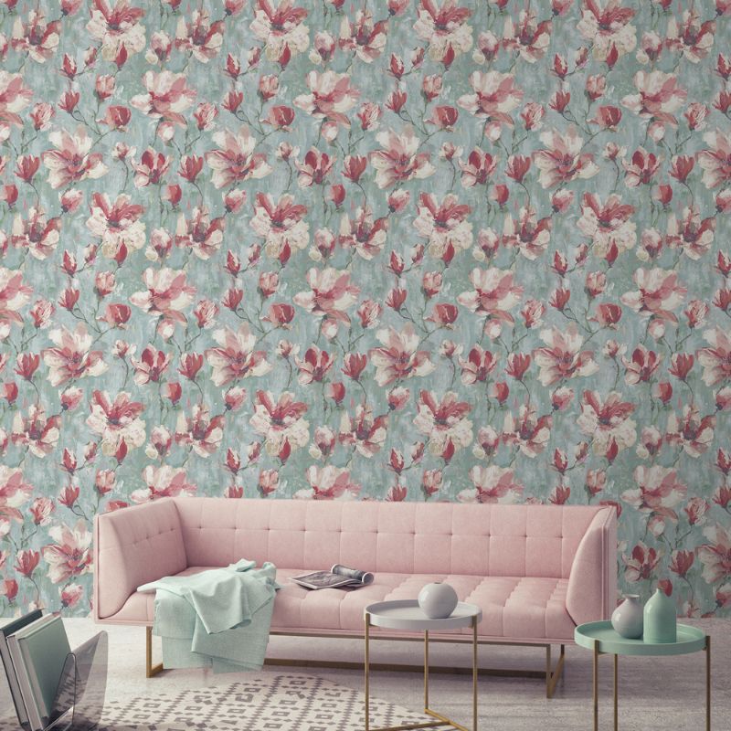 Camille Floral Wallpaper - Teal & Pink