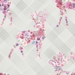 A grey tartan background with stags made out of pink floral patterns in the foreground. 