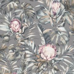 A floral wallpaper with purple protea flowers ad exotic watercolour-inspired leaves featured throughout the background.
