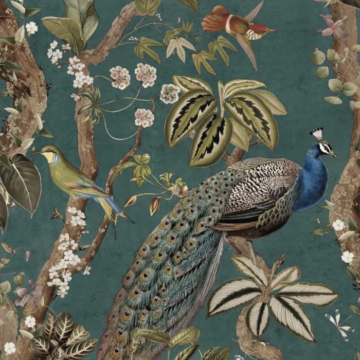 Whispering Peacock Woods Wallpaper - Aqua