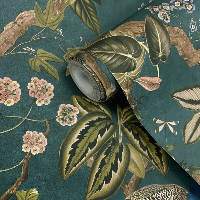 Whispering Peacock Woods Wallpaper - Aqua