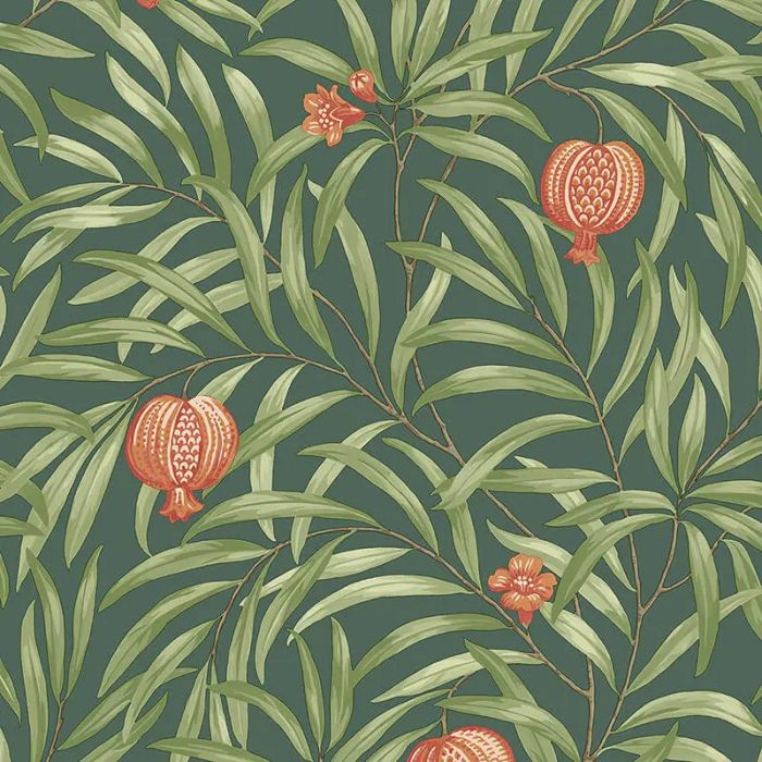 Pomegranate Leaf Wallpaper - Deep Green/ Orange
